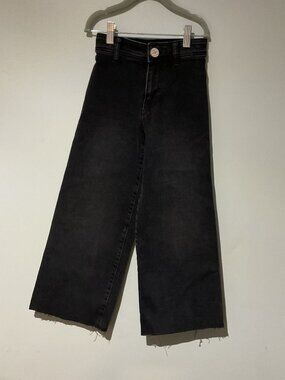 Zara Wide Leg Jeans Kids Girl Size 7 Black Faded Wash Kidcore Raw Hem